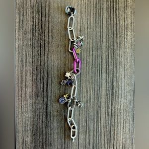 Pandora Me Link Bracelet 6.5 inch with 9 charms, purple links, whatever link